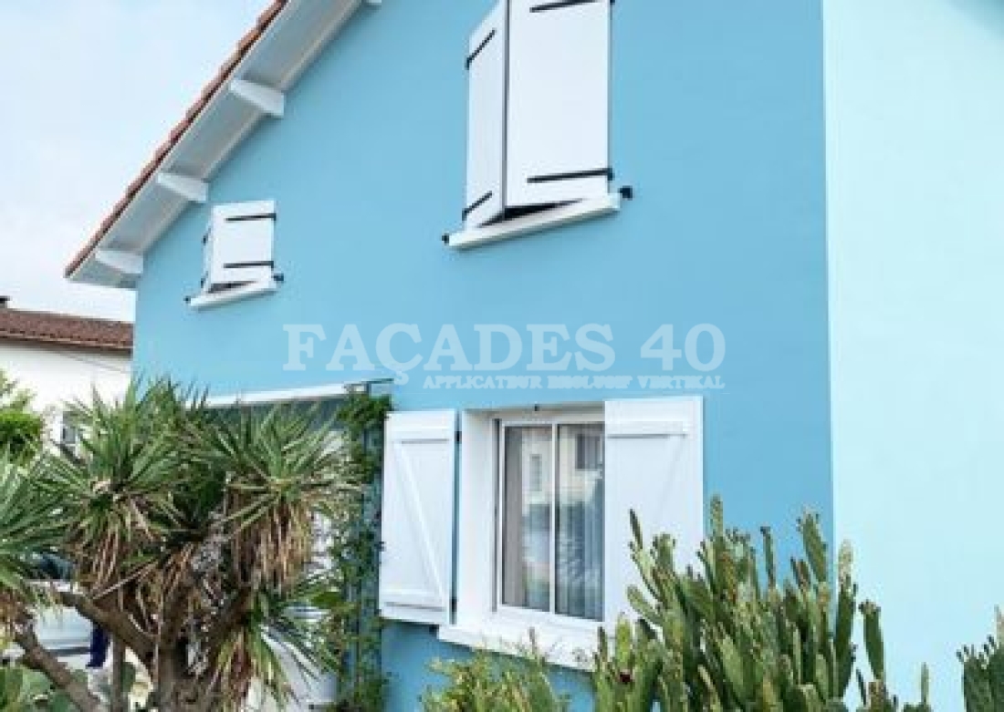 Façades 40 : Maison bleue avec volets blancs et plantes.